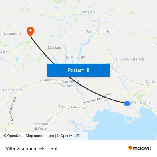 Villa Vicentina to Claut map
