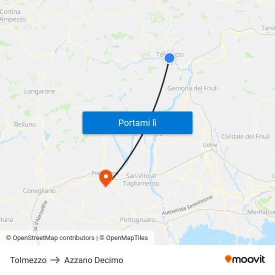 Tolmezzo to Azzano Decimo map