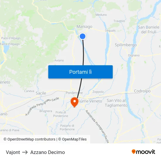 Vajont to Azzano Decimo map