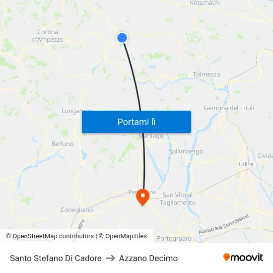 Santo Stefano Di Cadore to Azzano Decimo map