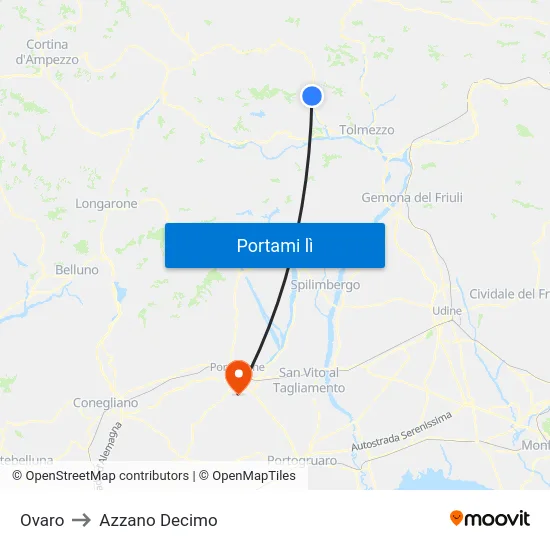 Ovaro to Azzano Decimo map