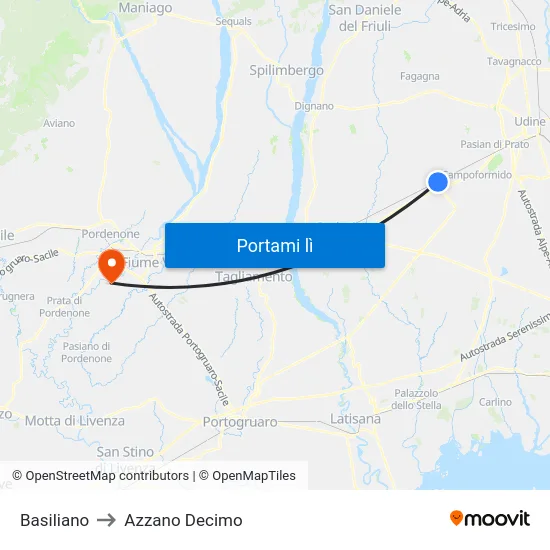 Basiliano to Azzano Decimo map
