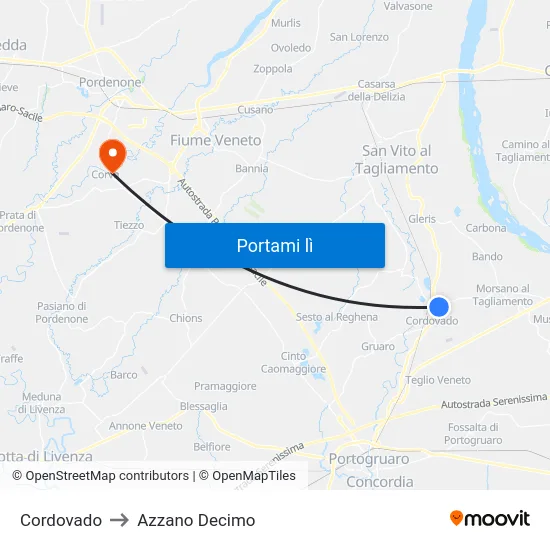 Cordovado to Azzano Decimo map