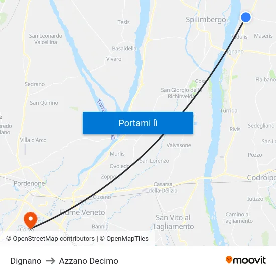 Dignano to Azzano Decimo map