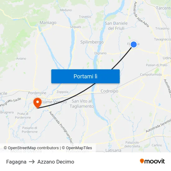 Fagagna to Azzano Decimo map