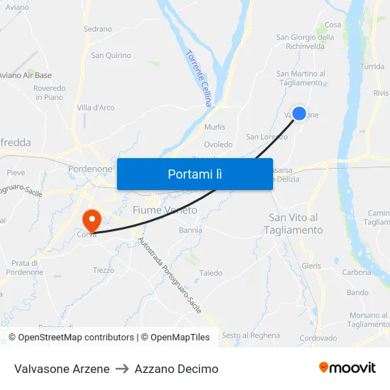 Valvasone Arzene to Azzano Decimo map