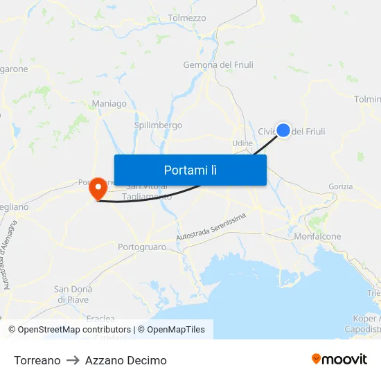 Torreano to Azzano Decimo map