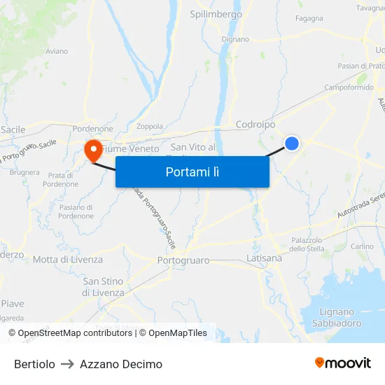 Bertiolo to Azzano Decimo map