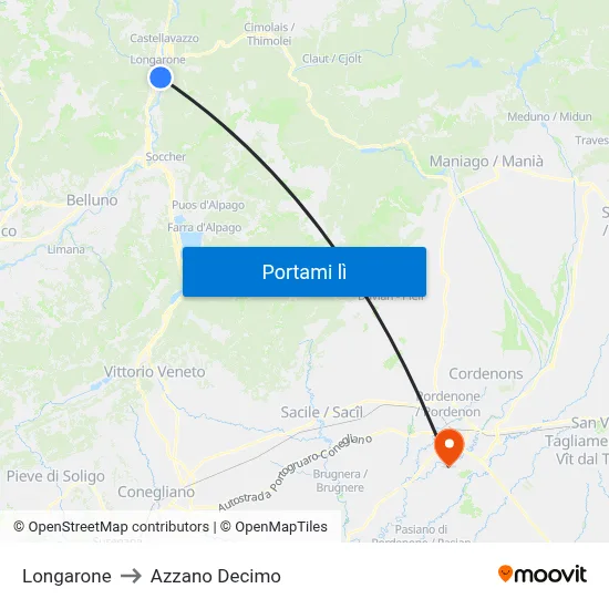 Longarone to Azzano Decimo map