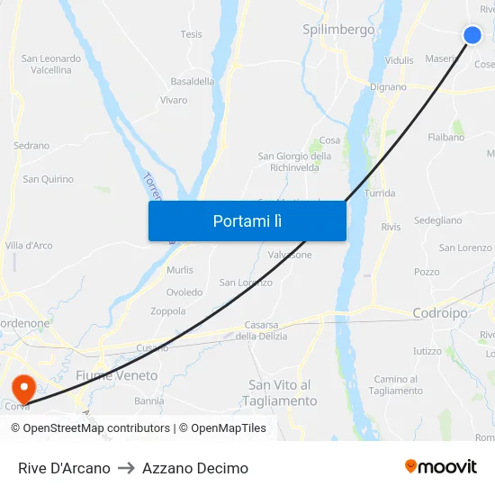 Rive D'Arcano to Azzano Decimo map