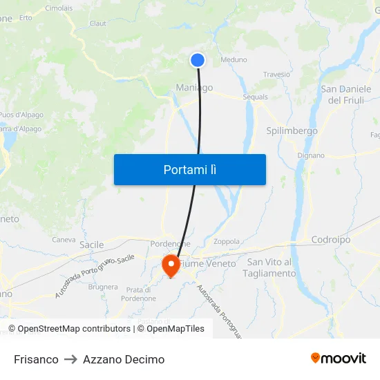 Frisanco to Azzano Decimo map