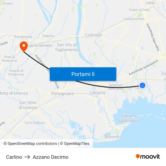 Carlino to Azzano Decimo map