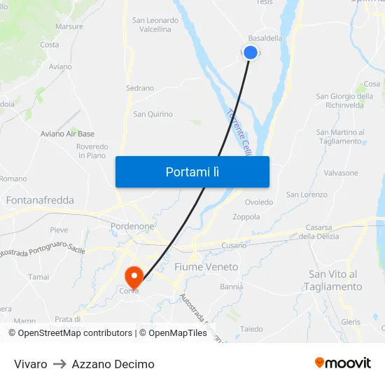 Vivaro to Azzano Decimo map