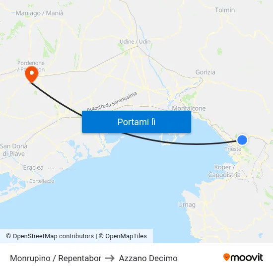 Monrupino / Repentabor to Azzano Decimo map