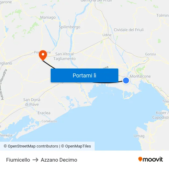 Fiumicello to Azzano Decimo map