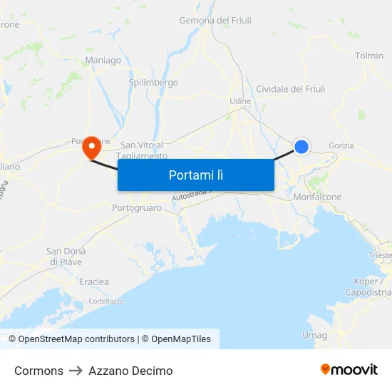 Cormons to Azzano Decimo map