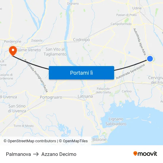 Palmanova to Azzano Decimo map