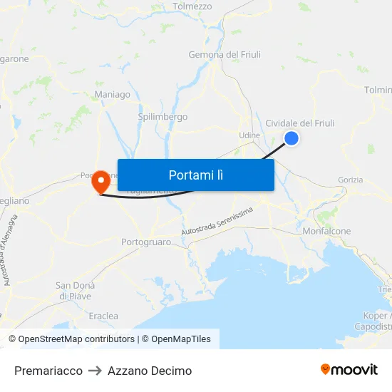 Premariacco to Azzano Decimo map