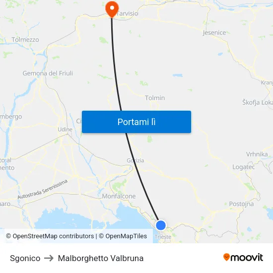 Sgonico to Malborghetto Valbruna map