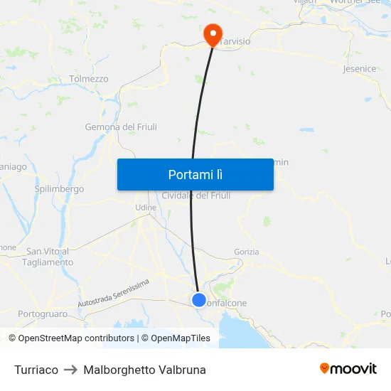 Turriaco to Malborghetto Valbruna map