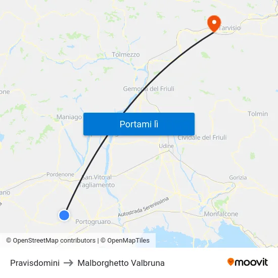 Pravisdomini to Malborghetto Valbruna map