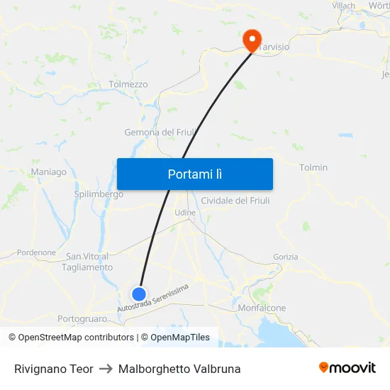 Rivignano Teor to Malborghetto Valbruna map