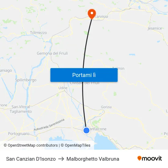 San Canzian D'Isonzo to Malborghetto Valbruna map