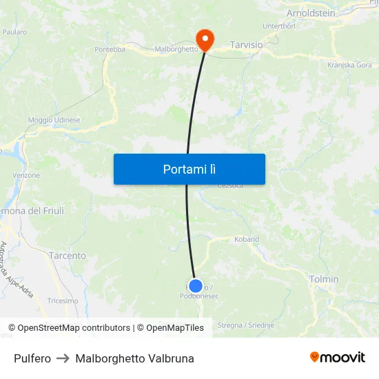 Pulfero to Malborghetto Valbruna map