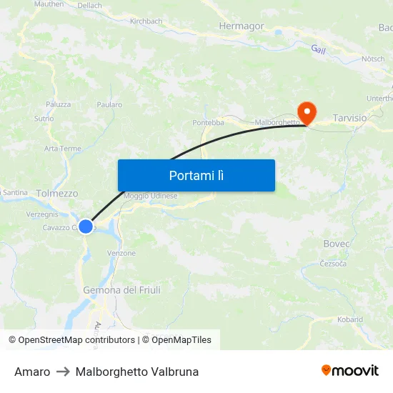 Amaro to Malborghetto Valbruna map