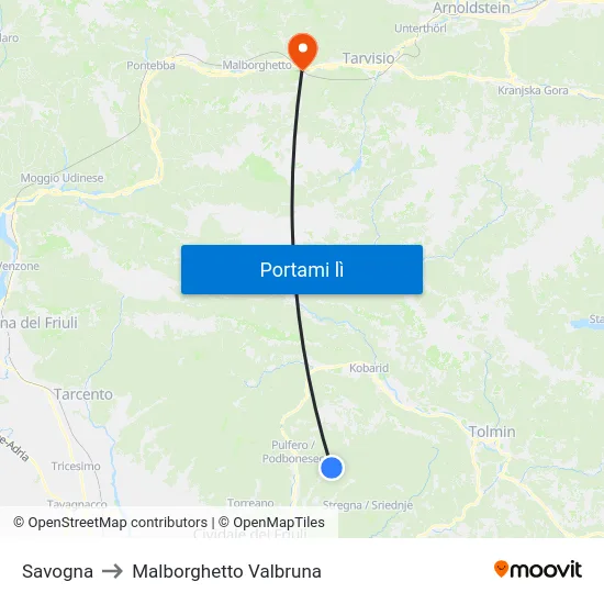 Savogna to Malborghetto Valbruna map