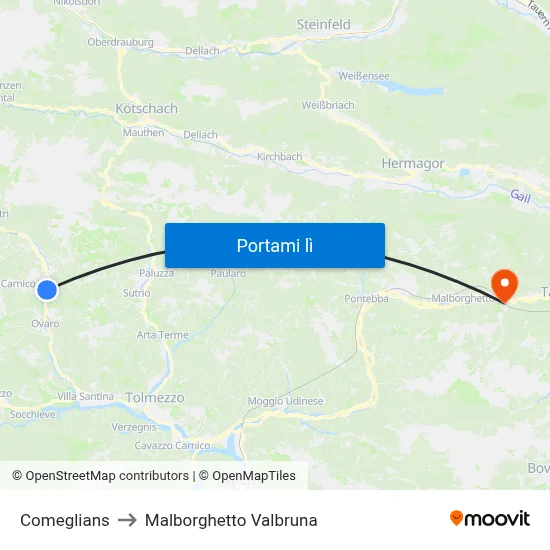 Comeglians to Malborghetto Valbruna map