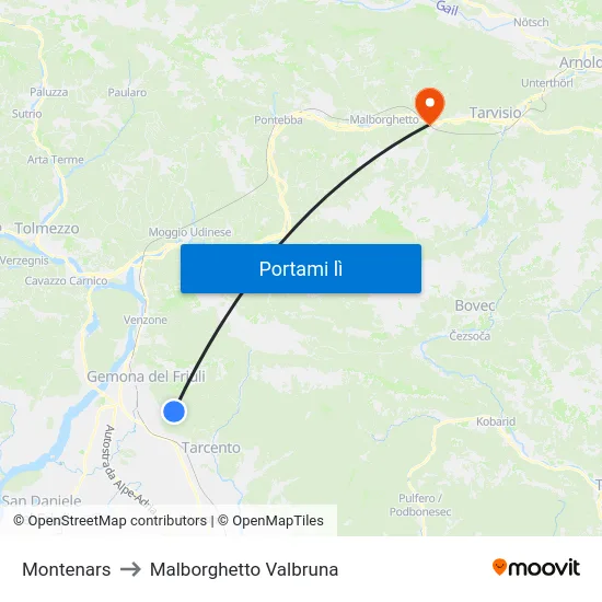 Montenars to Malborghetto Valbruna map