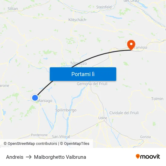 Andreis to Malborghetto Valbruna map