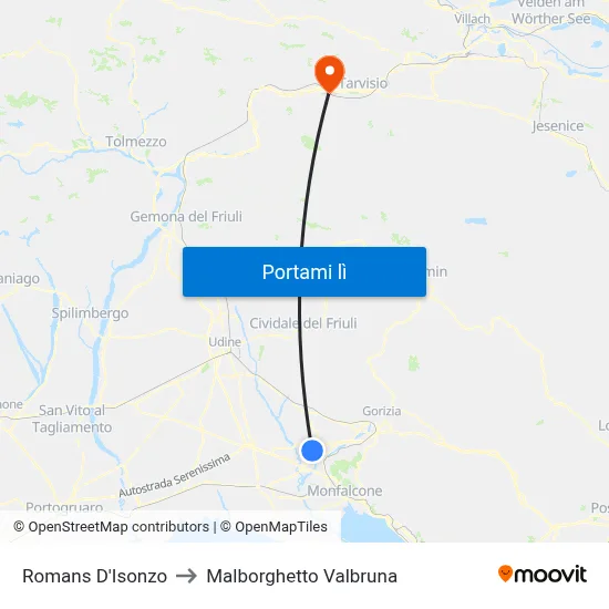 Romans D'Isonzo to Malborghetto Valbruna map