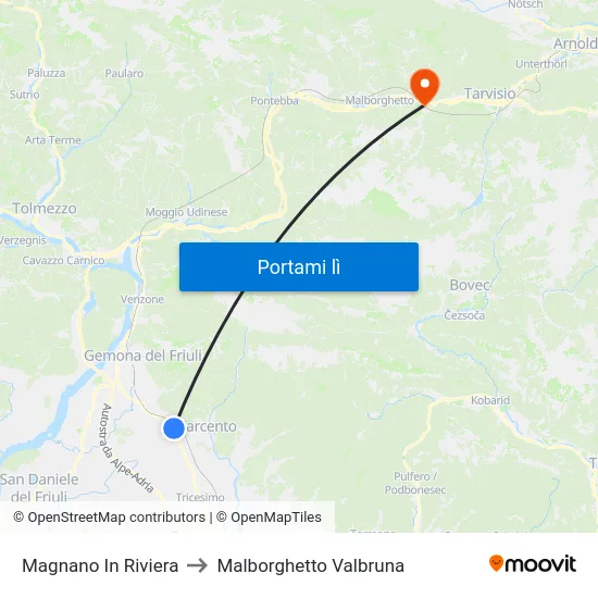 Magnano In Riviera to Malborghetto Valbruna map