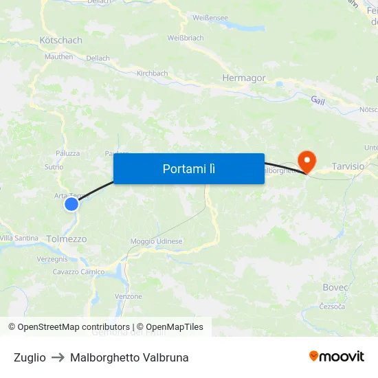 Zuglio to Malborghetto Valbruna map