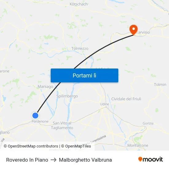 Roveredo In Piano to Malborghetto Valbruna map