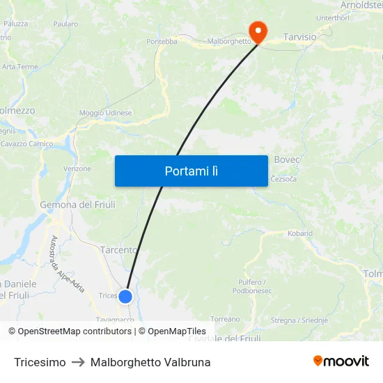 Tricesimo to Malborghetto Valbruna map