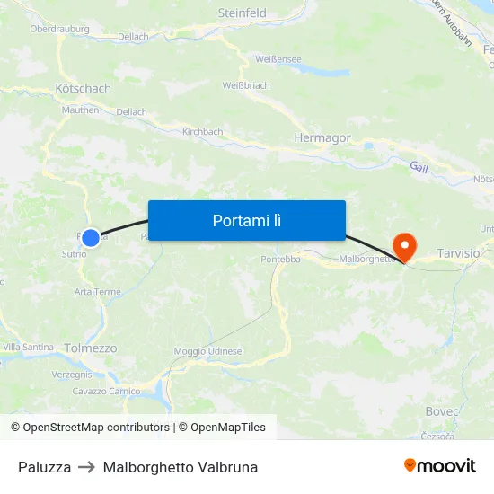 Paluzza to Malborghetto Valbruna map