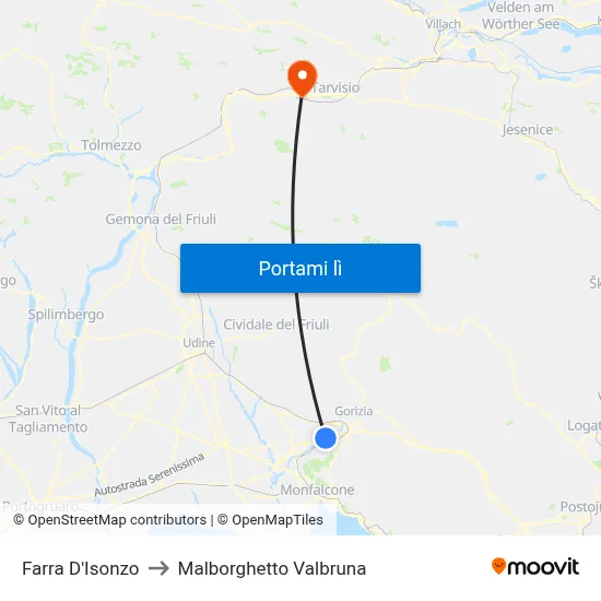 Farra D'Isonzo to Malborghetto Valbruna map