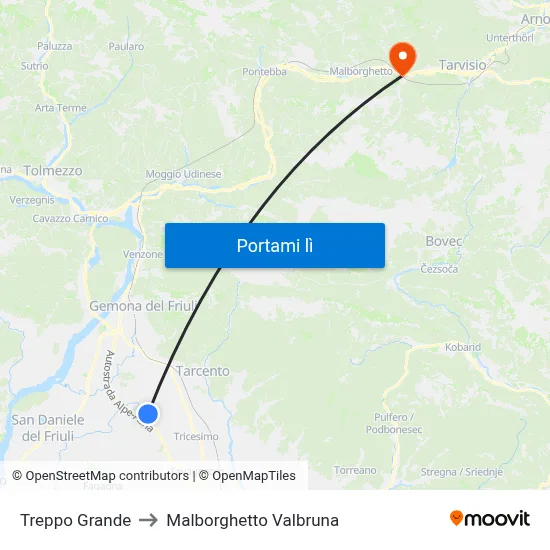 Treppo Grande to Malborghetto Valbruna map