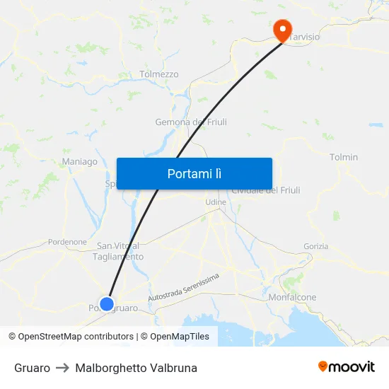 Gruaro to Malborghetto Valbruna map