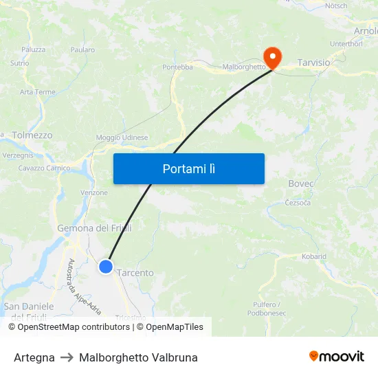 Artegna to Malborghetto Valbruna map