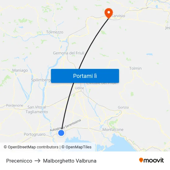 Precenicco to Malborghetto Valbruna map