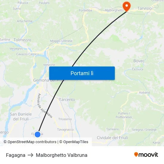 Fagagna to Malborghetto Valbruna map