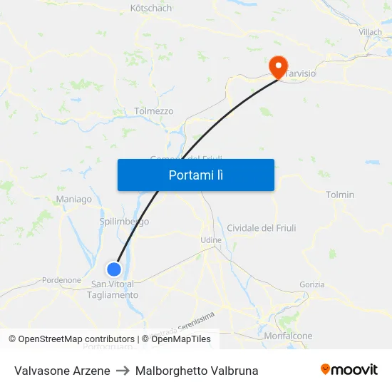 Valvasone Arzene to Malborghetto Valbruna map