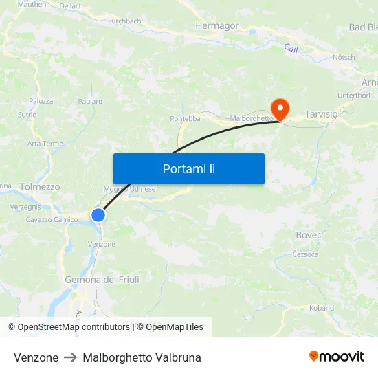 Venzone to Malborghetto Valbruna map