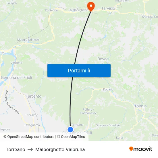 Torreano to Malborghetto Valbruna map