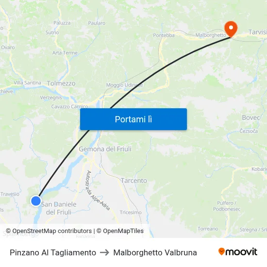 Pinzano Al Tagliamento to Malborghetto Valbruna map