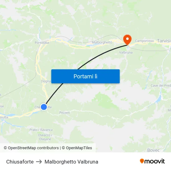 Chiusaforte to Malborghetto Valbruna map